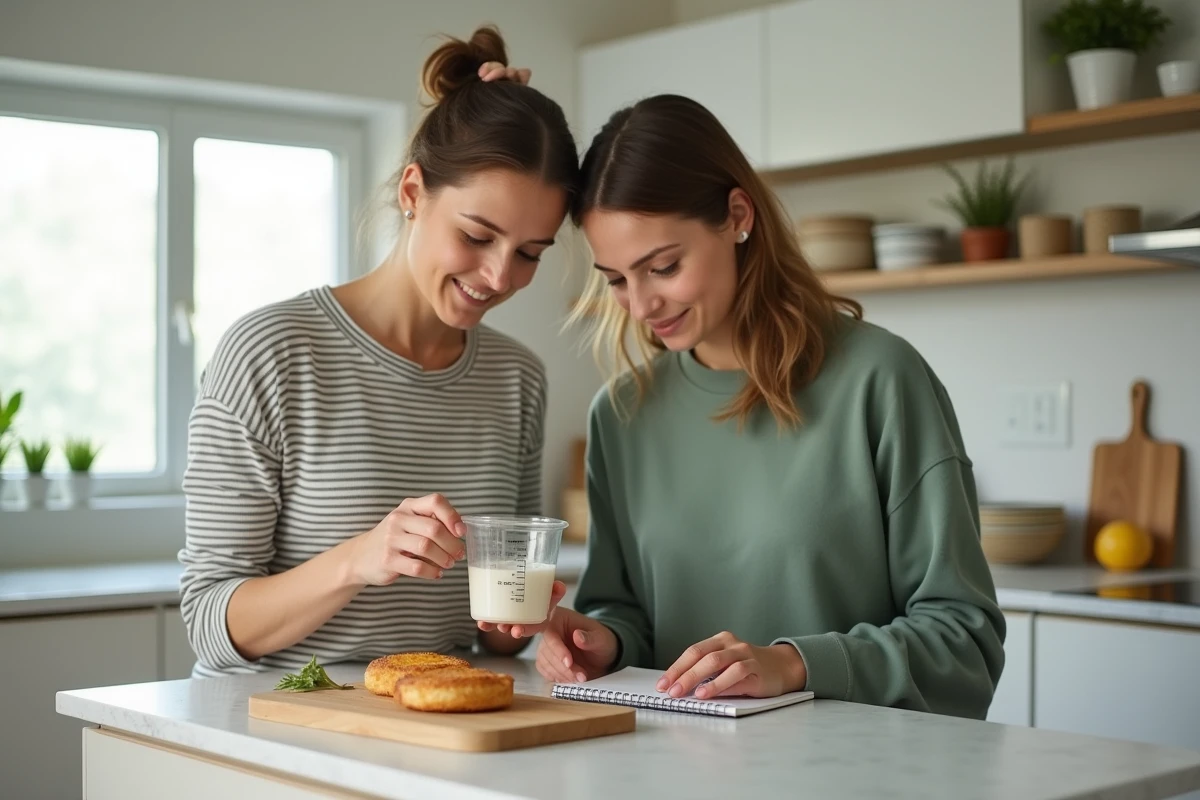 Deux femmes vérifiant la graduation 125 ml d'une tasse à mesurer transparente en cuisinant ensemble dans une cuisine d'appartement moderne