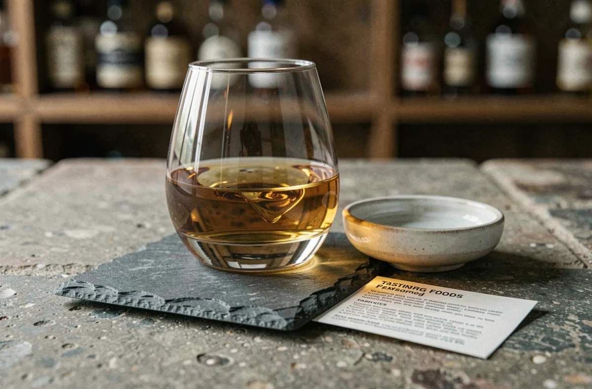 Gros plan d'un verre de whisky tourbé Fondaudège sur une ardoise avec notes de dégustation