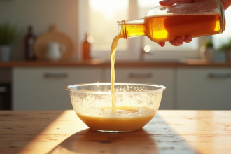 Main versant de la bière dans une pâte à crêpes en cuisine lumineuse