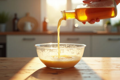 Main versant de la bière dans une pâte à crêpes en cuisine lumineuse