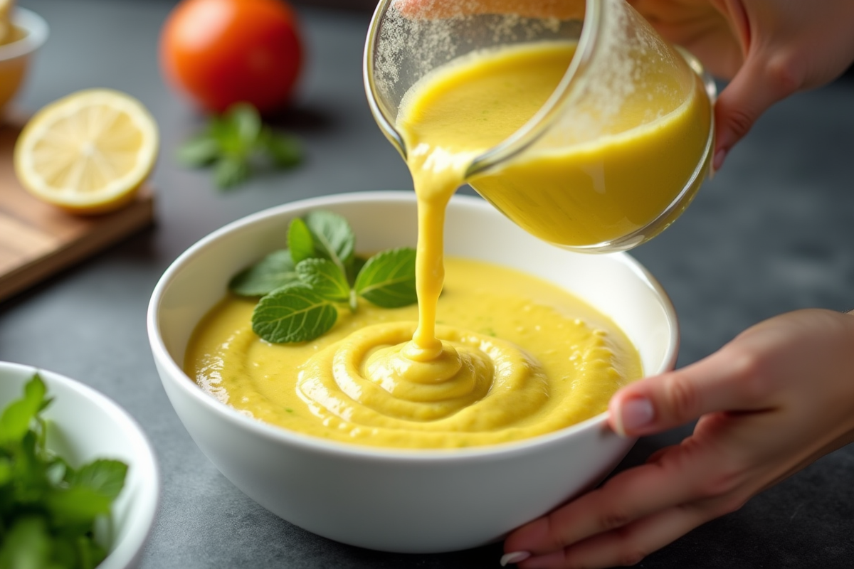 Mains versant gazpacho de courgettes dans un bol blanc